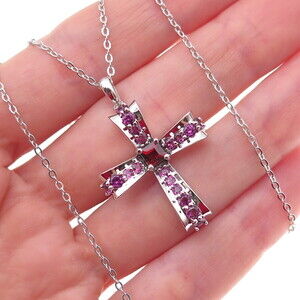 925 Sterling Silver Mexico Real Red Garnet & Amethyst Cross Chain Necklace 18"